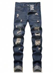 Men's Ripped Slim Straight Jeans - Dark Wash - View 1