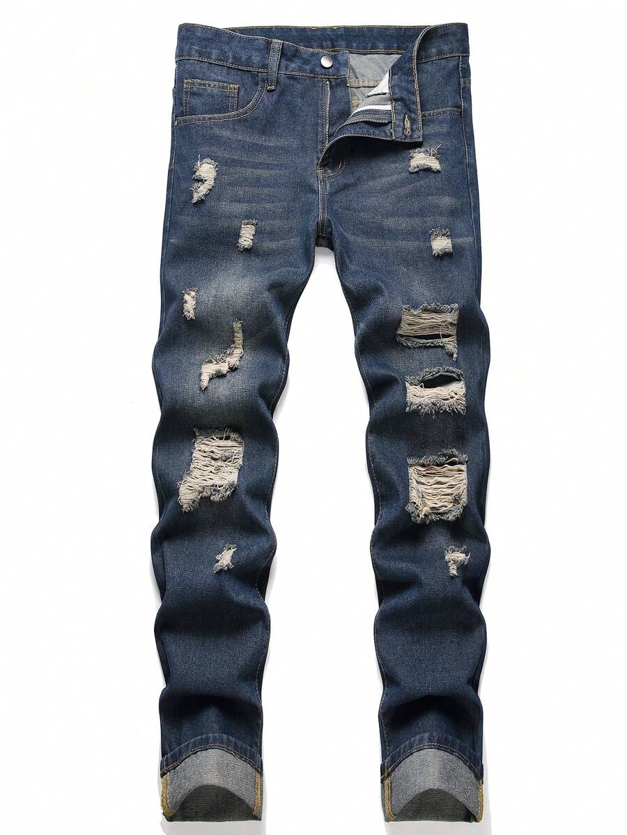 Men's Ripped Slim Straight Jeans - Dark Wash - View 1