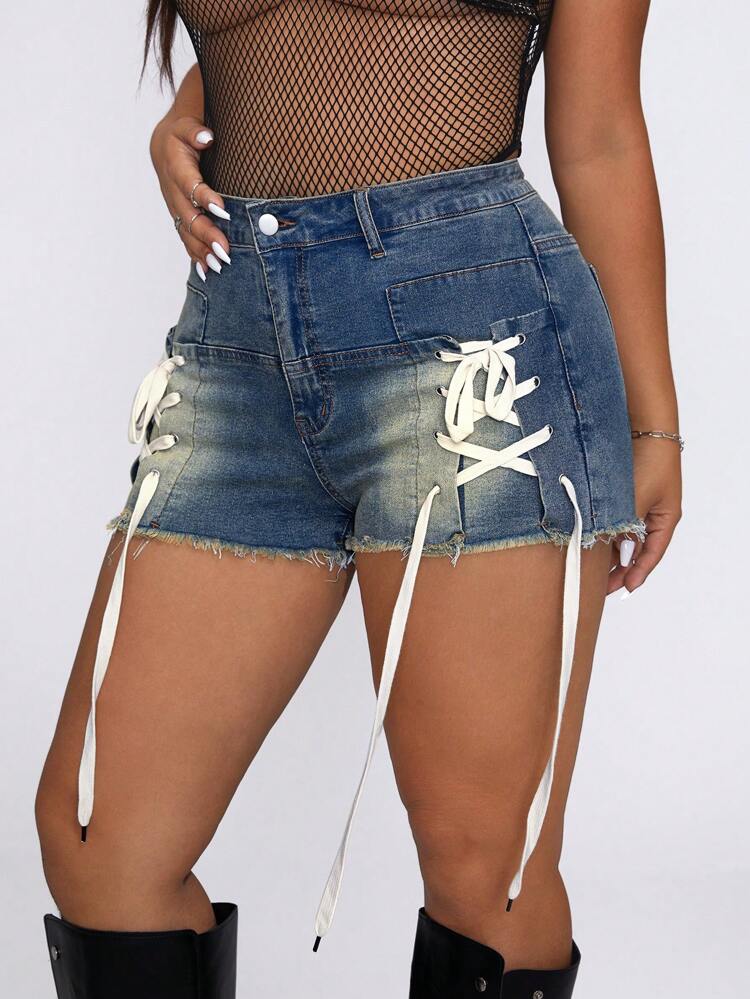 Plus Size Lace Up Pocketed Frayed Edge Denim Shorts For Summer