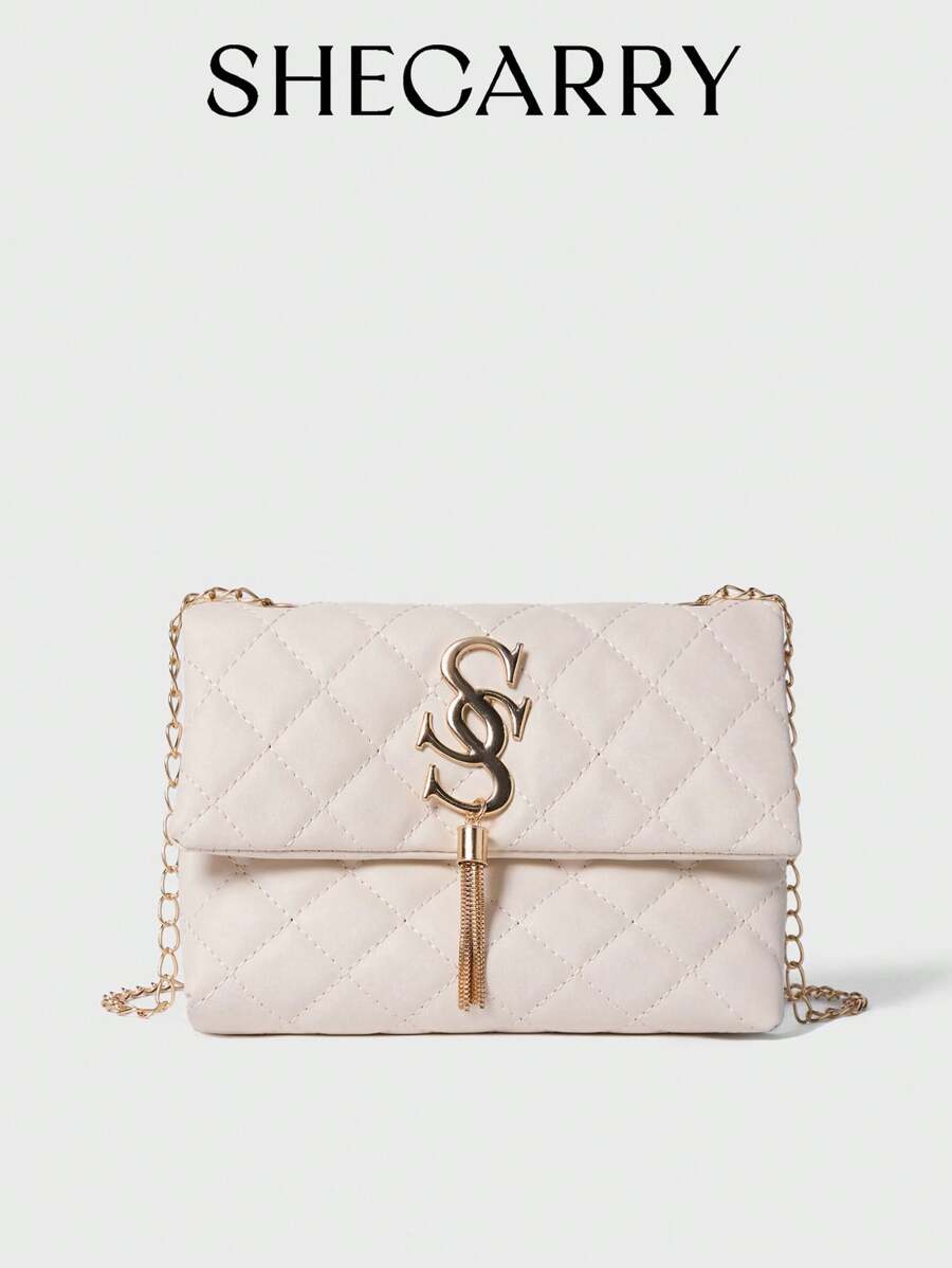 衍縫圖案金屬裝飾鏈條方包 - 米色 - 查看 1