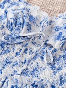 Soleia Women's Summer Vacation Mini Dress With Blue Flower Print, White Background, Ruffle Neckline, Triple Tiered A-Line Dress With Frill Hem, And Spaghetti Straps - Blue and White - View 4