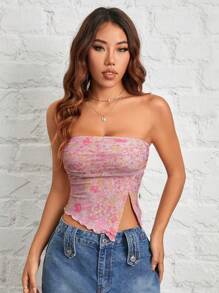 SHEIN PETITE 花卉印花打褶不對稱下擺網紗粉色筒形上衣，夏季上衣