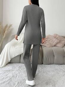 EURMUSE Drop Shoulder Split Hem Tee & Pants - Grey - View 2