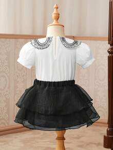 寶寶女孩時尚刺繡蕾絲襯衫蝴蝶結連衣裙套裝，夏季 - 黑與白 - 查看 2