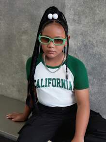 SHEIN Tween Girl, extra groot, sportief en casual, gebreide kleurblokkerende top met ronde hals, raglanmouwen en korte mouwen, lente/zomer