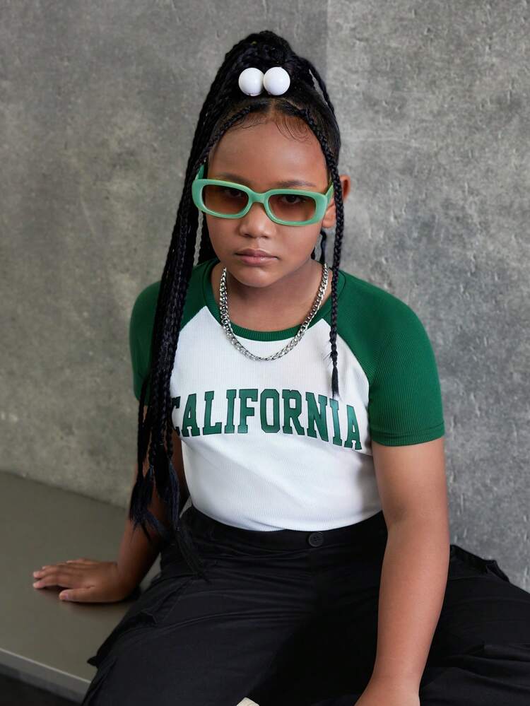 Tween Girl Extended Size Sporty And Casual, Knitted Color-Blocking Round Neck Raglan Sleeve Short-Sleeved Top, Spring/Summer