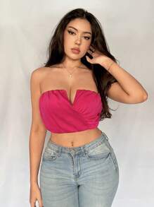 SHEIN Privé Top elegante para mujeres con escote en V cruzado, top tubo rosa - Blanco - Ver 1