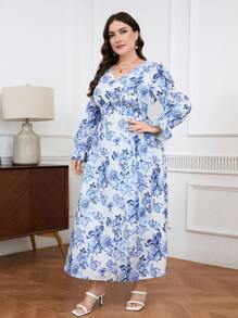 Modelyn 大尺碼女士優雅花卉印花V領長裙，擴張袖口，阿拉伯風格 - 彩色 - 查看 4