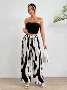 SHEIN PETITE Full Print Wide Leg Pants - Multicolor - View 3