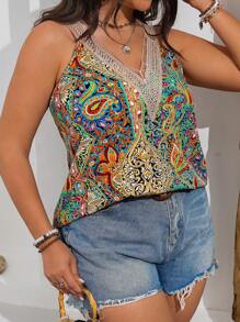 Breezaya Plus Size Vintage Print Open Shoulder Lace Trimmed Camisole Graphic Tees Women Tops