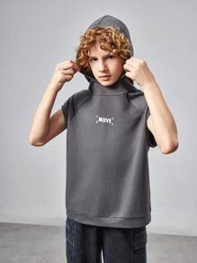 SHEIN Parte superior de punto de unicolor con capucha y patrón de letras para niño preadolescente - Caqui - Ver 3
