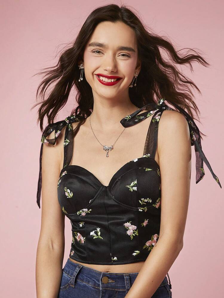 Women's Floral Embroidery Knotted Wide Strap Romantic Summer Tank Top