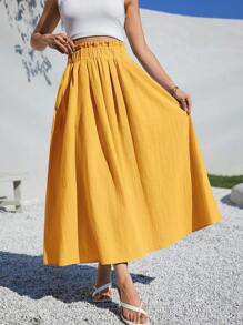 SHEIN Essnce 夏季女士服装休闲 A 字形亚麻中长裙，适合夏季海滩高腰宽松