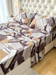 4pcs 100% Polyester Geometric Pattern Bedding Set (2 Pillowcases + 1 Bed Sheet + 1 Fitted Sheet), Modern Polyester Bedding Set Suitable For All Seasons - Multicolor - View 3