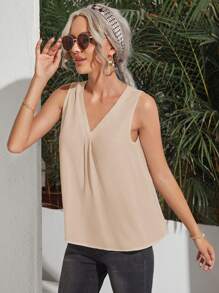 SHEIN Clasi 女士夏季簡約編織無袖襯衫 - 杏色 - 查看 3