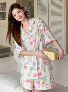 DAZY Bộ đồ ngủ Dopamine in hình chú voi dễ thương - màu xanh lá - Xem 7