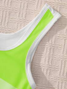 SHEIN Teen Girls Color Block Simple Daily Outfit Set (Top And Pants) - Green - View 3