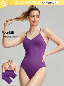 GLOWMODE PearlLift X-Strap Crotch Snap Closure Back Thong Bodysuit Light Support Studio Gym Daily Casual - Purple - View 1
