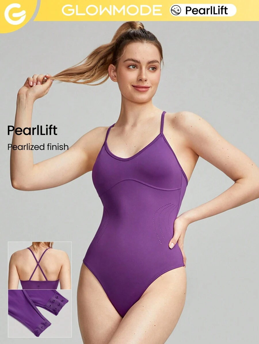 GLOWMODE PearlLift X-Strap Crotch Snap Closure Back Thong Bodysuit Light Support Studio Gym Daily Casual - Purple - View 1