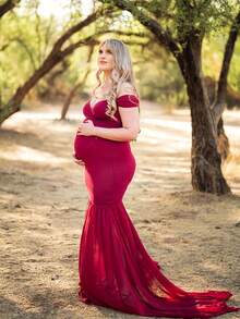 孕妇露肩雪纺高低孕妇摄影连衣裙 - 酒紅色 - 查看 5