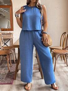 SHEIN Clasi Plus Size Women's Vacation Solid Color Back Strap Round Neck Vest And Loose Wide Leg Pants, 2pcs/Set - Blue - View 2