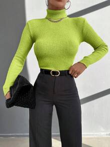 EURMUSE Solid Color High Neck Ribbed Slim Fit Sweater - Olive Green - View 3
