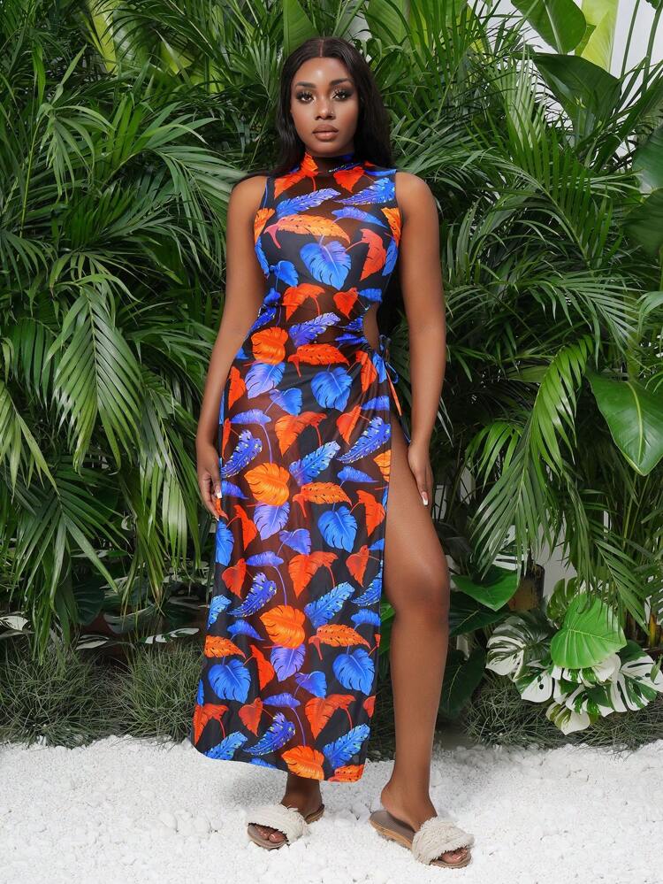 Women's Summer Beach Halter Neck Tie Tropical Plant Print Bikini Set With Bikini Set Cover Up Dress, 3pcs/Set