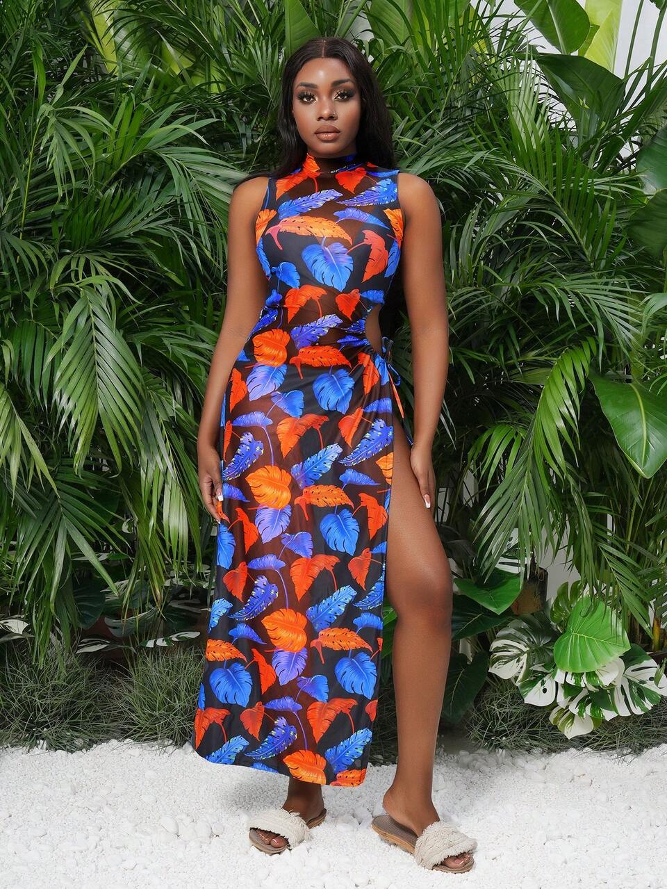 Women's Summer Beach Halter Neck Tie Tropical Plant Print Bikini Set With Bikini Set Cover Up Dress, 3pcs/Set