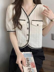 prairielle prairielle 女款簡約短袖襯衫，具邊緣裝飾，適合日常穿著 - 杏色 - 查看 1