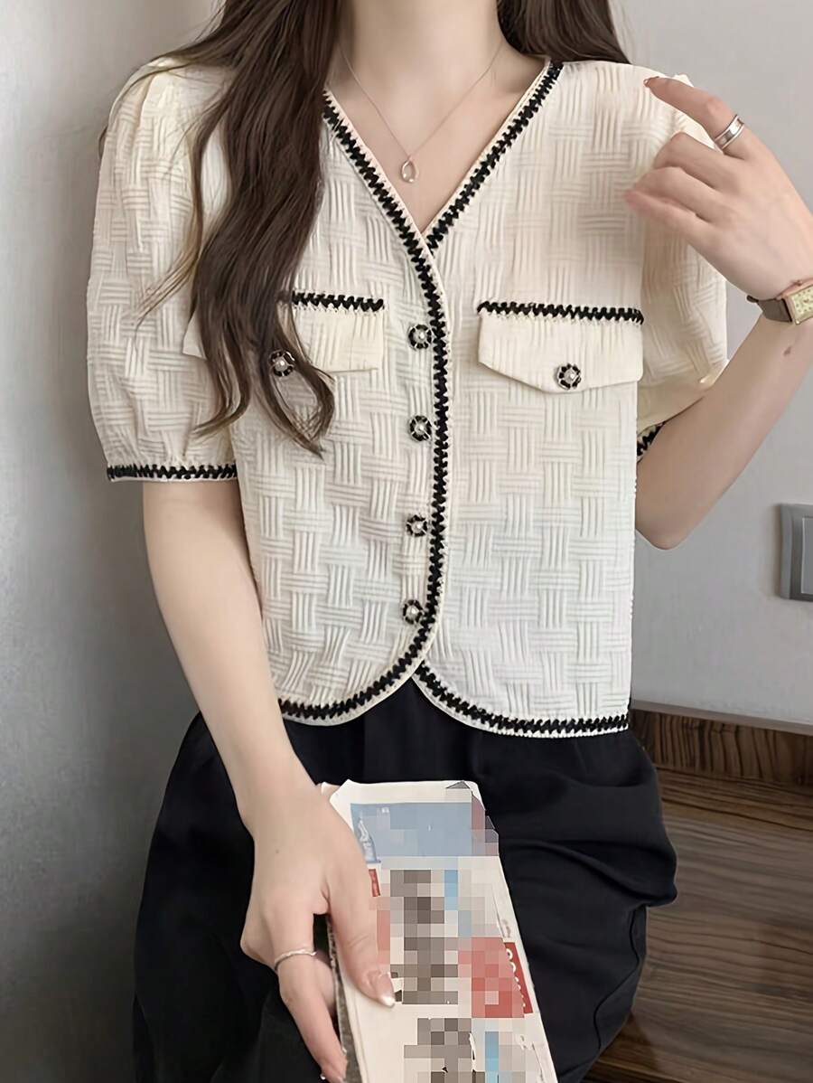 prairielle prairielle 女款簡約短袖襯衫,具邊緣裝飾,適合日常穿著 - 杏色 - 查看 1
