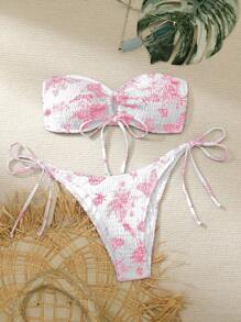 SHEIN Swim Ensemble de bikini bandeau imprimé pour femme, plage d'été, maillot de bain deux pièces sexy, motif aléatoire - Rose bonbon - Voir 1