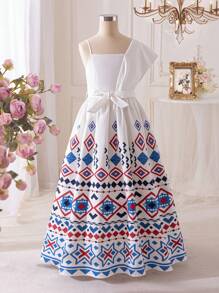 Vestido de niña preadolescente con detalles decorativos de parche en los hombros y patrón geométrico lindo