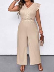 SHEIN LUNE Plus Size Women's Fashion Solid Color Wide Sleeve Loose Jumpsuit - Apricot - View 5