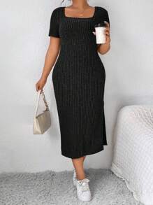 SHEIN Frenchy Plus Size Summer Casual Solid Color Side Slit Dress