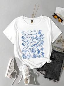 SHEIN EZwear Ropa de mujer Camiseta de cuello redondo estampada con vida marina, informal, para el uso diario de primavera y verano con mangas cortas - Blanco - Ver 3