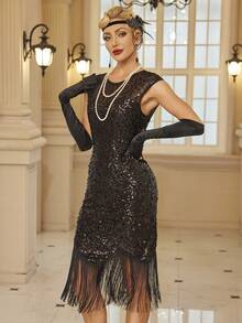 1920s Vintage Solid Color Round Neck Sequin Splice Sleeveless Women Party Cocktail Dress, Summer Elegant Prom Semi Formal Wedding Guest Dress, For Birthday, Graduation, Dinner, Homecoming - Black - View 6