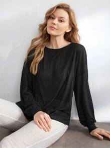 Ocili Leisure Solid Color Round Neck Pullover Long Sleeve Home Clothes Top - Black - View 4