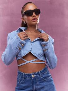 MISSGUIDED بليزر محصور من الجينز الممِيز بأربطة تصميم الظهر المتقاطعة، أزرار أمامية مصممة، أكمام طويلة، ضرورية للخزانة الصيفية والربيعية