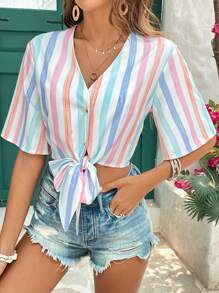 SHEIN VCAY Women's Striped Print Simple Daily Shirt - Multicolor - View 5