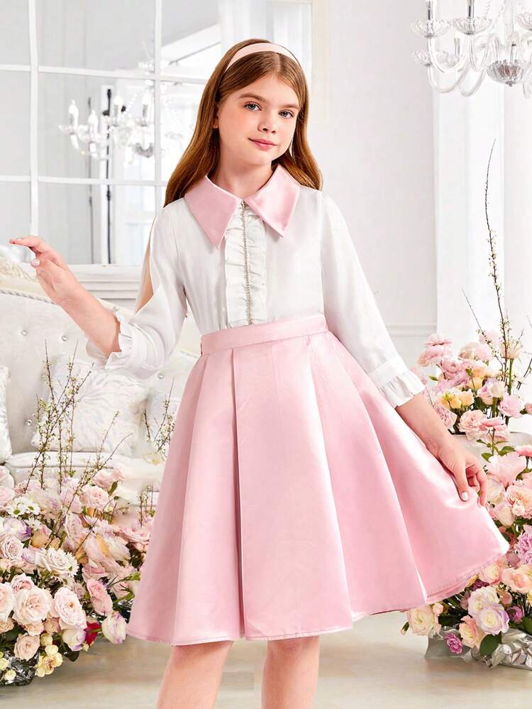 Tween Girl 2pcs College Style Colorblock Shirt With Ruffle Trimmed Stand Collar & Tiered Pleated Skirt Set