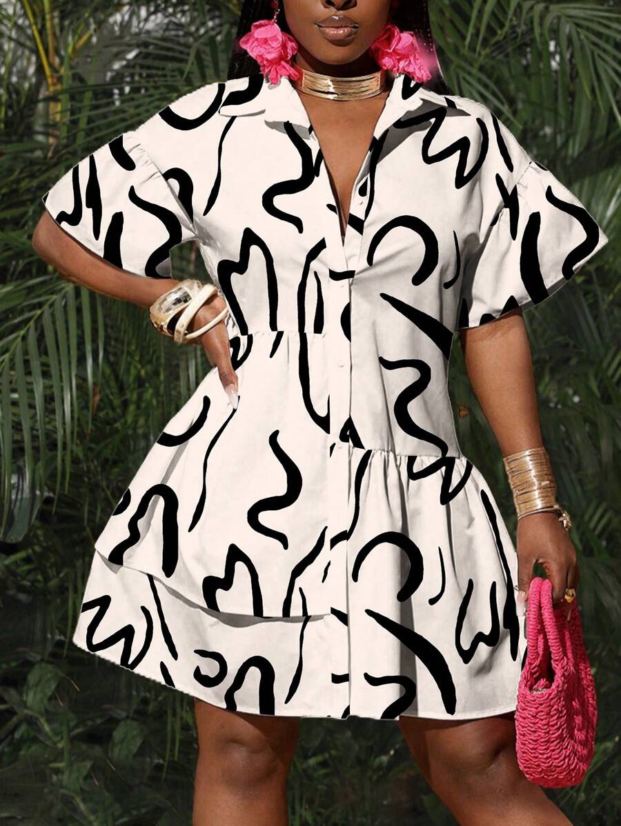 Slaydiva Plus Size Women's Casual Ruffled Hem Patchwork Short Sleeve Shirt Dress, Elegant & Vacation & Daily Wear, Spring Summer - Apricot - View 1