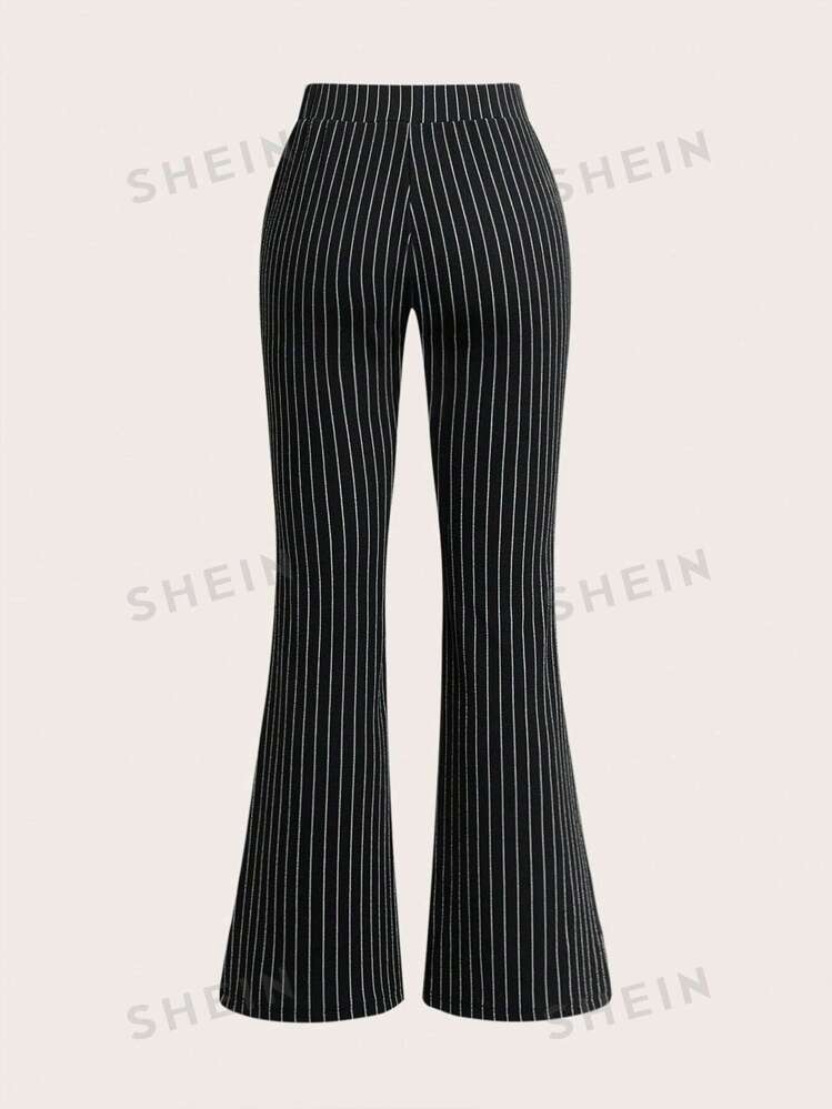 SHEIN MOOSTA Black And White Striped Low Waist Knit Flare Pants With Elasticity SHEIN USA