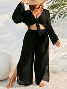 Swim Lushoire Plus Size Women's Plain & Simple Daily Chiffon Kimono Cover Up Summer - Black - View 1