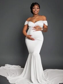 露肩美人鱼下摆孕妇装，适合拍摄照片 - 白色 - 查看 4