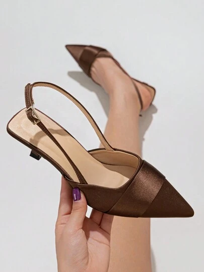 Fall/Winter 2025 Women's Pointed Toe Slingbacks With Buckle Design, Elegant Daily Wear For Outdoor Activities Such As Shopping, Match Any Dress, Coffee, Etc. In Spring/Summer Season. Brown Satin Material, High Heeled Shoes Suitable For Matching Dresses., Kitten Heels, Elegant, Women Pumps, Elegant