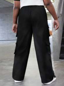 SHEIN Tween Girl Extended Size Solid Color Woven Straight Leg Casual Pants For Spring And Summer - Black - View 2