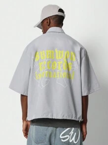 SUMWON Boxy Fit Bubble Hem Shirt With Back Graphic Print - Grey - View 1