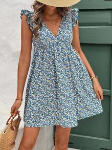 SHEIN Frenchy Ditsy Floral Print V Neck Layered Ruffle Tunic Fly Sleeve Summer Sundress Vacation Flower Blue Beach Holiday Resort - Blue - View 6