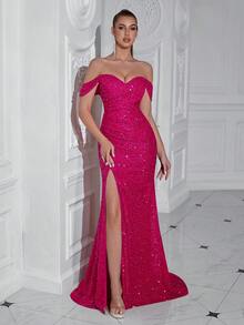 ADYCE Solid Color Sequin Off-Shoulder Ruched Front Slit Backless Maxi Dress, Suitable For Parties And Formal Events - Hot Pink - View 3