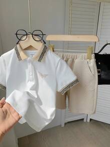 SHEIN 2pcs Young Boy Casual Classic Embroidery Logo Polo Shirt With Short Sleeves And Sports Shorts